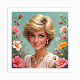 Princess Diana Smiling In Soft Pastels, Surrounded By Colorful Floral Blooms Art Print