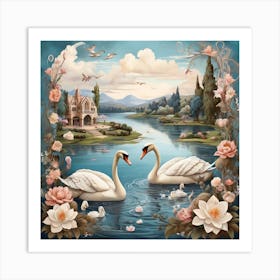 Lake and Swans in Boho Style 3 Art Print