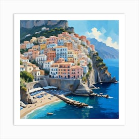 Italy, Amalfi Coast Cute Illustration In Blue Art Print 2 Art Print