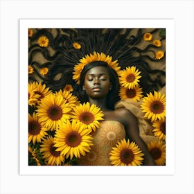 Portrait Of A Black Woman With Sunflowers Art Print