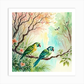 Watercolor Parrots On A Branch With Flowers Art Print