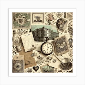 Collage Of Train Photos And Vintage Travel Stamps On Coffee Corner Wallpaper Art Print