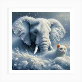 White Elephant And White Cat Art Print