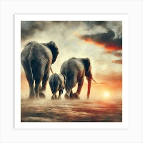 Elephants At Sunset 1 Art Print