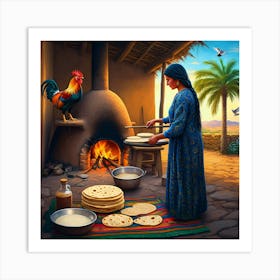 A Woman Makes Flatbread Near A Clay Oven, With A Rooster Perched On Top Art Print