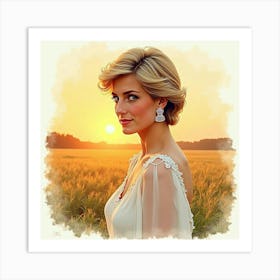 Beautiful Watercolor Portrait Of Princess Diana With A Golden Sunset 1 Art Print