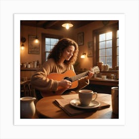 Young Woman Playing Guitar In A Cafe Art Print