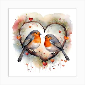 Robins In A Heart Art Print