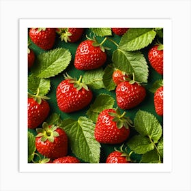 Ripe Strawberries On Green Background Art Print