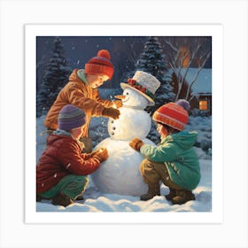 Children Building A Snowman Art Print