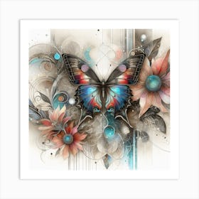 Vintage Ornate Butterfly on Flowers II Art Print