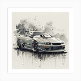 Toyota Supra A captivating and dreamy watercolor illustration featuring acut car anthropomorphic , created in the vintage, hyper-realistic and expressive style of Studio Ghibli anime. The illustration is presented in a loose, elegant and neutral color palette, with light and glossy finishes. The character is depicted in side view, displaying intricate details and expressive features. This art is reminiscent of the styles of Hajime Sorayama, Damien Hirst, Quentin Blake, Alberto Vargas, and Zdzislaw Beksiński. The overall atmosphere of the piece is dark fantasy with a touch of whimsy and creative feelings., illustration, dark fantasy, anime, drawing Model Art Print