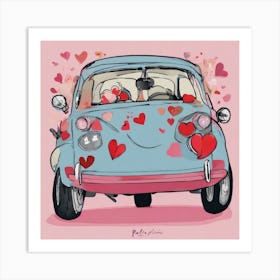 Ride on Love - Whimsical Journey in a Vintage Car Full of Hearts Art Print