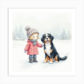 Watercolor Illustration Of A Child And A Bernese Mountain Dog In The Snow Art Print