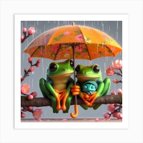 Two Frogs Under An Umbrella Art Print