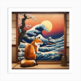 Fox In Front Of The Great Wave Art Print