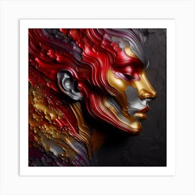 Face Portrait Of A Woman - An Embossed Abstract Texture With Red, Orange, Purple, and Silver Colors. Art Print