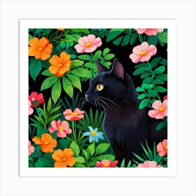 Black Cat In The Garden 1 Art Print