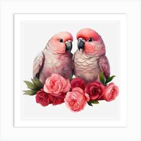 Couple Of Parrots With Roses 1 Art Print