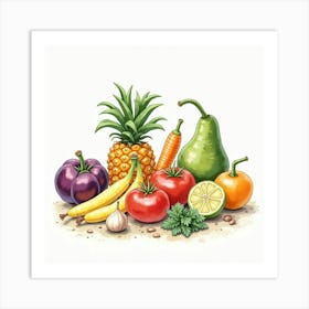 Charming Watercolor Artwork Of Colorful Veggies And Fruits In A Refined Setting 1 Art Print