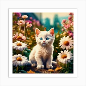 White Kitten In The Garden Art Print