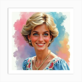 Princess Diana Smiling With A Backdrop Of Swirling Colorful Watercolor 1 Art Print