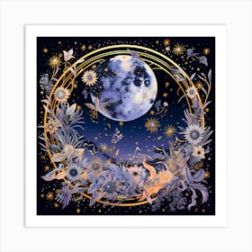 Moon And Flowers 2 Art Print