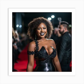 Available to purchase - A Black Woman Voluptuous Sexy Wearing A Black Latex Low Cut Dress Shoulders Big Smile Short Curly Hair - Created by Midjourney Art Print