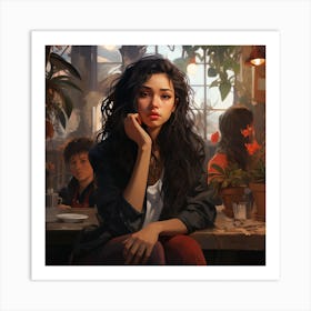 Girl Sitting In A Plant Cafe Art Print