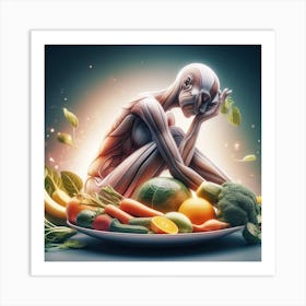 Woman Sits On A Plate Of Vegetables Art Print