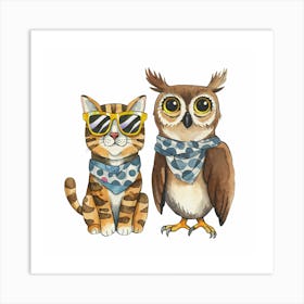 Cat And Owl 2 Art Print