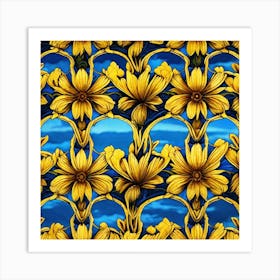 Yellow Flowers In Field With Blue Sky Centered Symmetry Painted Intricate Volumetric Lighting (3) Art Print
