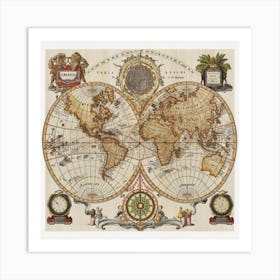 A captivating art print featuring an antique world map with intricate details and vintage aesthetics. This timeless and sophisticated art print adds a touch of wanderlust and historical charm to home decor, making it an ideal choice for travel enthusiasts and those with a love for classic design Art Print