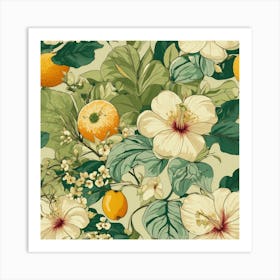 Seamless Pattern With Oranges And Flowers 1 Art Print