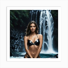 Beautiful Woman In Bikini In Front Of Waterfallbre Art Print