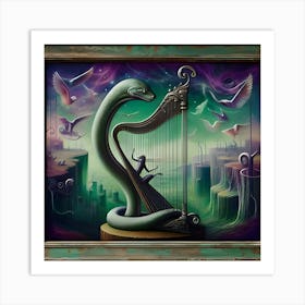 A Hypnotic Snake Playing A Silver Harp, Inspired By The Dreamlike Paintings Of Hieronymus Bosch, With A Mystical Purple And Green Palette, Where The Snake Is In Focus And The Surrounding Landscape Is Blurred Into Dreamlike Shapes, (1) Art Print