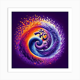 "Cosmic Chant: Om's Vibrant Vortex" - This mesmerizing artwork captures the sacred syllable 'Om' at the heart of a swirling galaxy of colors. The radiant hues of orange and purple symbolize spiritual energy and cosmic mystery, with digital pixels breaking away to suggest the infinite expansion of the universe. It's a visual representation of the sound of the cosmos, the primordial tone that is the foundation of existence. This piece is perfect for meditation spaces or as a vibrant centerpiece in a modern home, inviting viewers to contemplate the union of technology and transcendence. Art Print
