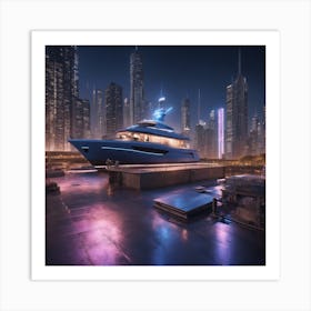 Harbor On The Concrete Floor, The Background Is The Starry Sky As Well As The City Night Scene, Sony Art Print