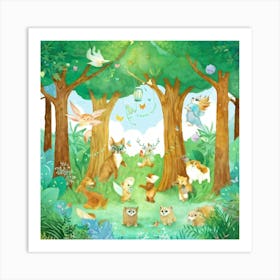 Illustration Depicting Playful Magical Fluffy Creatures Clustered Together In The Heart Of An Ench Art Print