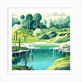 Flat Landscape With Trees And Water Art Print