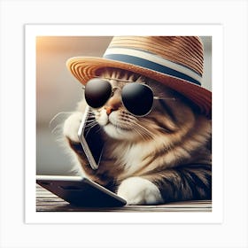 A Cat With A Hat And Sunglasses On Talking On A Phone 2 Art Print