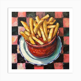 Fries & Ketchup Checkerboard Background 1 Art Print