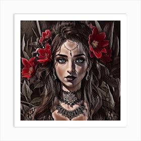 Gothic Girl With Flowers Art Print