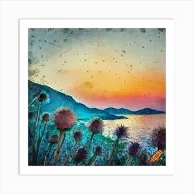 Craiyon 002624 Watercolor Of Field Of Thistles At Dusk On A Hill Overlooking The Sea In The Peloponn Art Print