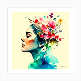 Beautiful Vientnamese Women With Flower Decoration As A Colorful Water Painting Portrait Art Print