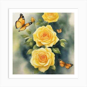 Yellow Roses With Butterflies Art Print