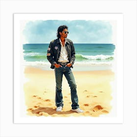 Michael Jackson In A Watercolor Beach Scene With Golden Sands 1 Art Print