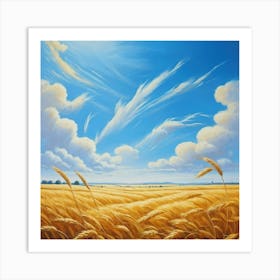 Golden Wheat Field Under Blue Sunny Sky Stalks Swaying Gently In A Soft Breeze Distant Horizon Kis (2) Poster