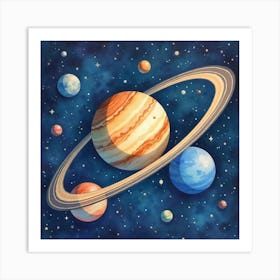 Celestial Watercolor Artwork With Orbiting Planets 1 Art Print