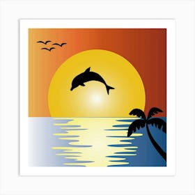 Ocean Sunset Dolphin Palm Tree 1 Art Print